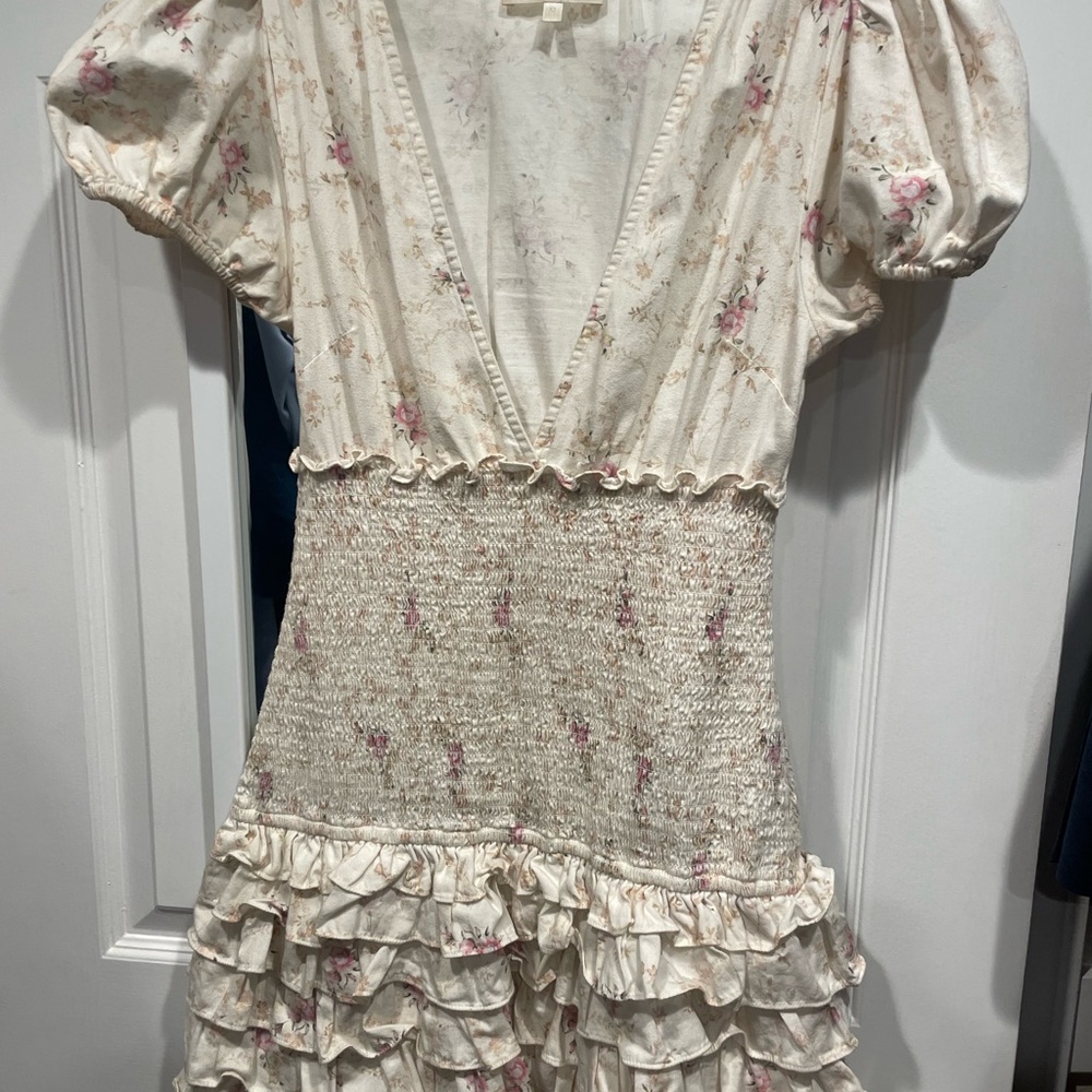 LoveShackFancy Cream and Pink Smock Floral Dress